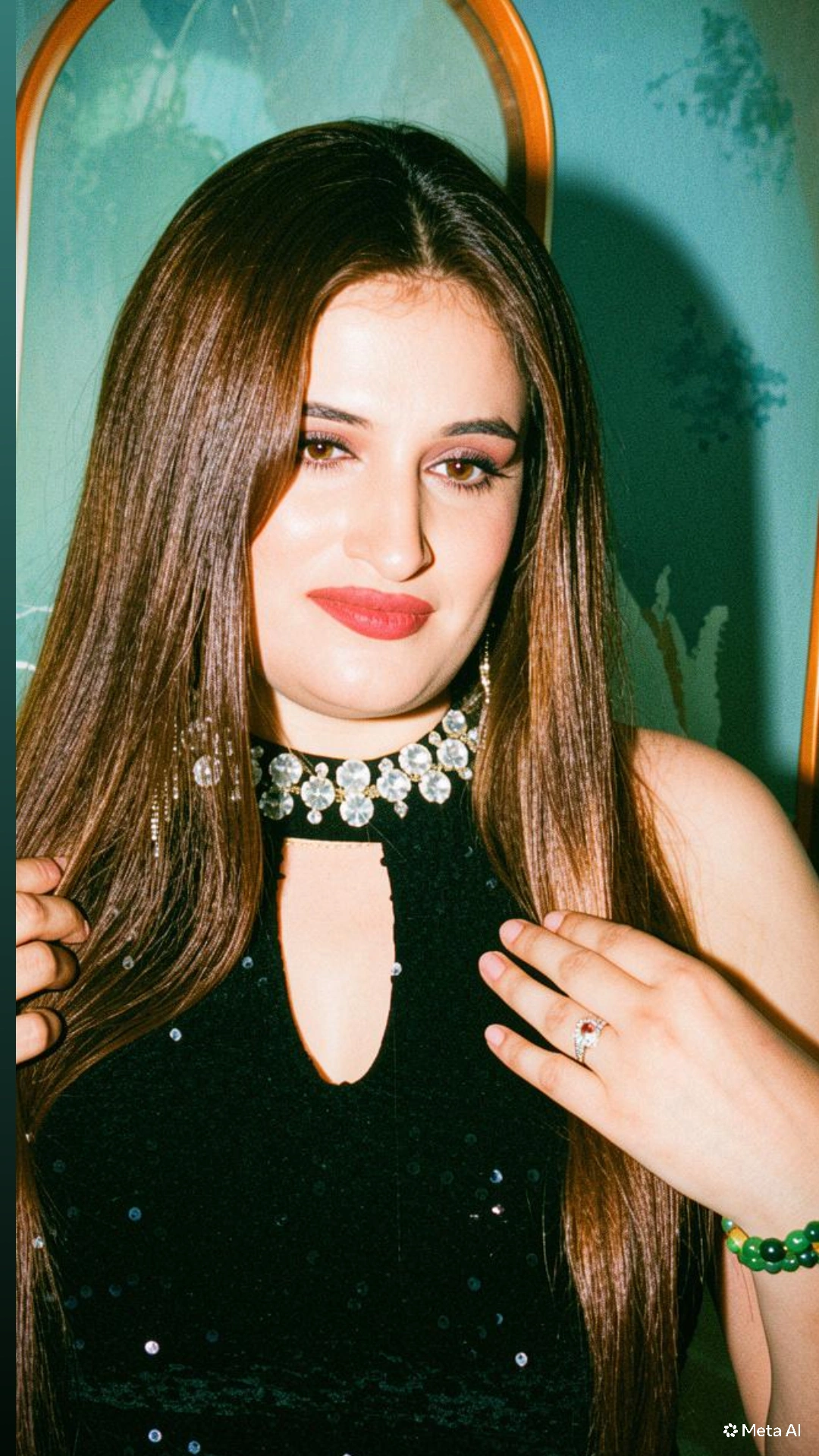 Soft glam party makeup with crystal choker and sequin black dress