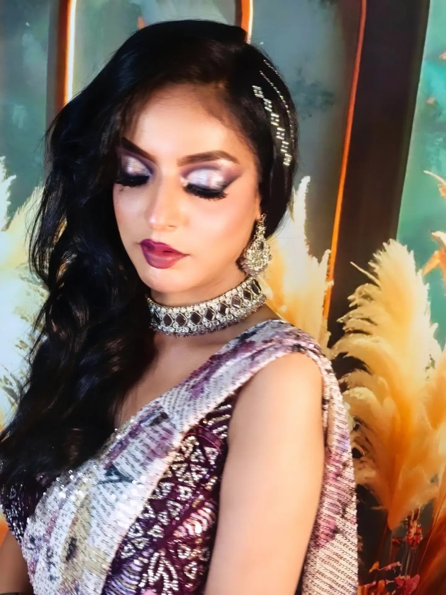 Bridal glam with silver-lavender cut crease eyes and statement mirror jewellery
