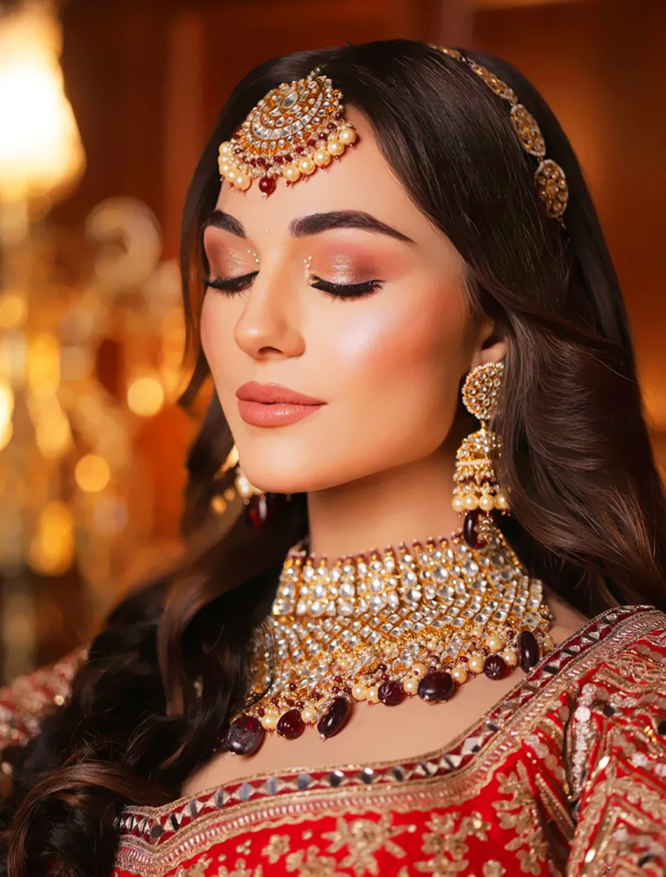 Editorial soft glam with emerald and sapphire statement choker and smokey eyes