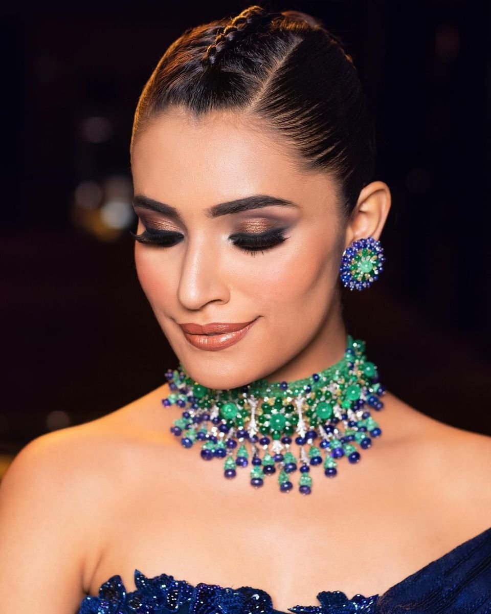 Reception-ready glam makeup with refined contour and glossy nude lips