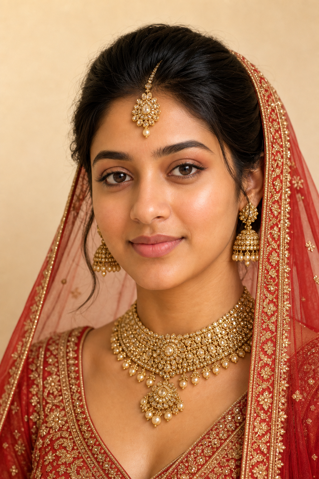 Isha after airbrush bridal makeup with gold jewellery