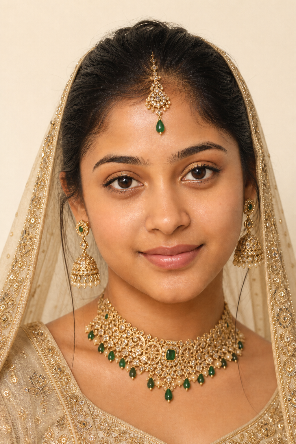 Riya after elegant airbrush bridal makeup with emerald jewellery