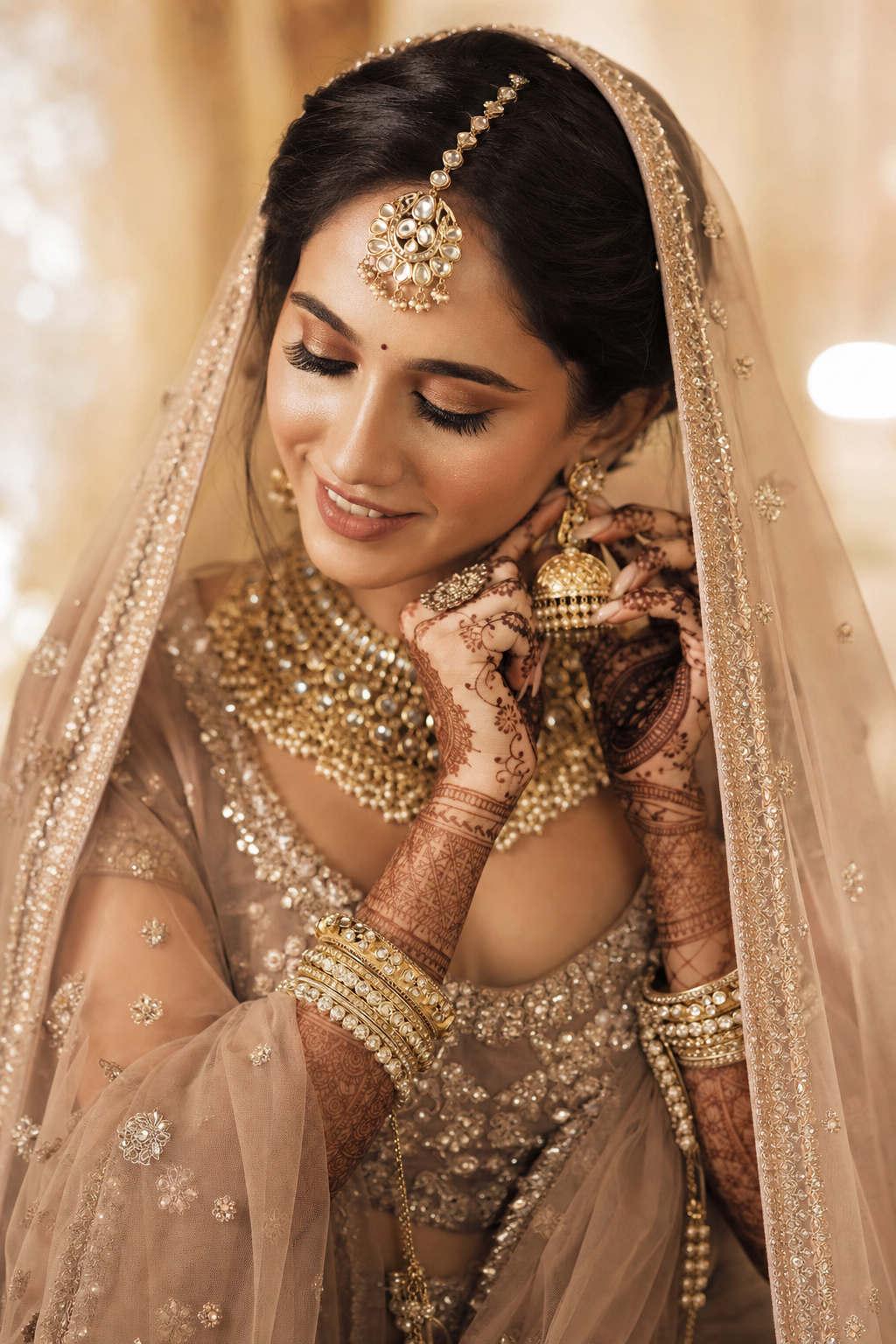 Indian bride gently adjusting her gold jhumka earring with a serene smile — luxury bridal makeup by Priyanka Dhingra Makeovers